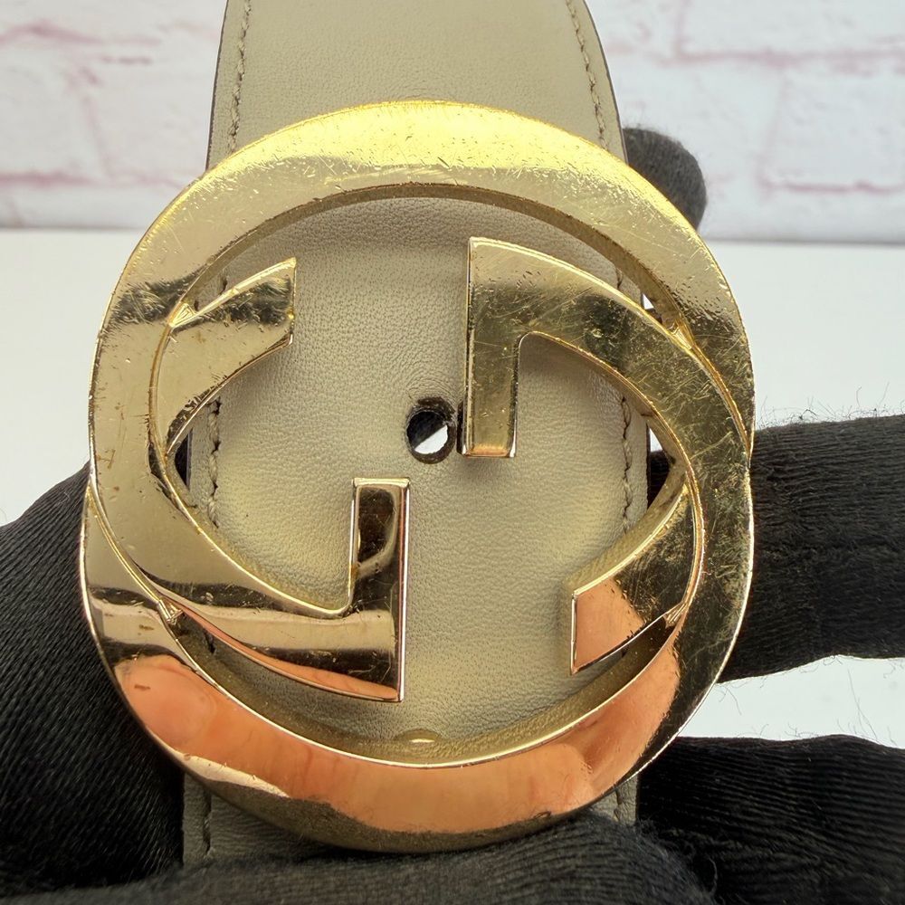 Authentic Gucci Gray Interlocking G Leather Belt Gold Buckle 546386 85/34 - Picture 4 of 9